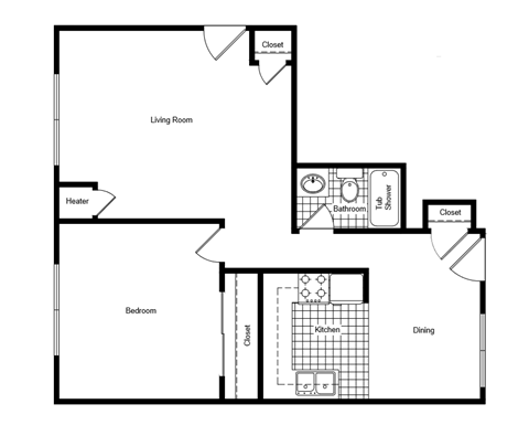 Floor plan for 1 bed, 1 bath, 750 sqft